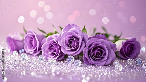This background features a lovely arrangement of purple roses on a bed of glitter, ideal for romantic cards or wedding invitations.