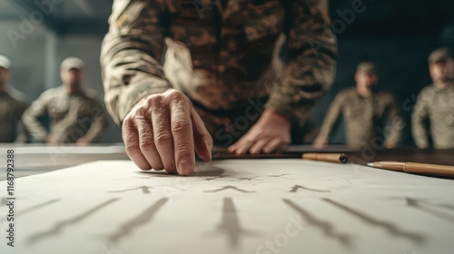 Military officer standing at a strategy table, reviewing troop movements with clear resolve, focus, prioritization, leadership