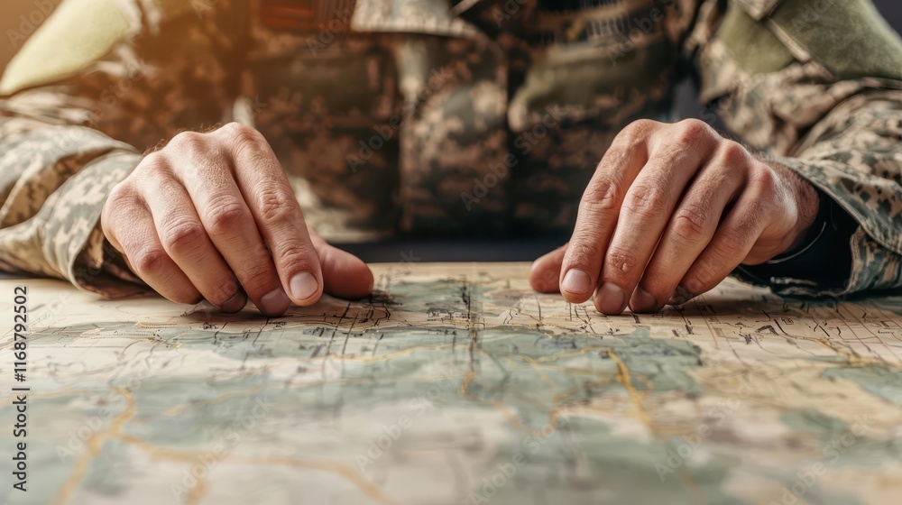 Military officer standing at a strategy table, reviewing troop movements with clear resolve, focus, prioritization, leadership Military officer standing at a strategy table, reviewing troop movements with clear resolve, focus, prioritization, leadership