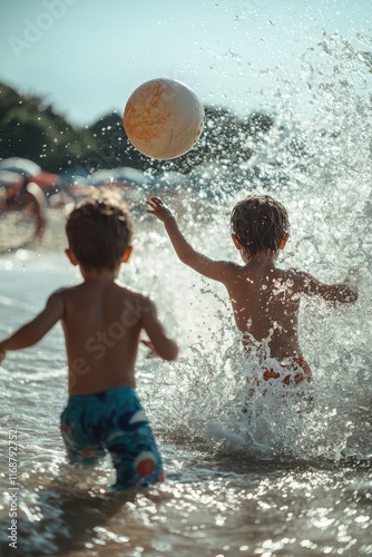 Children enjoy playful moments splashing in shallow water while playing with a ball on a sunny beach photo