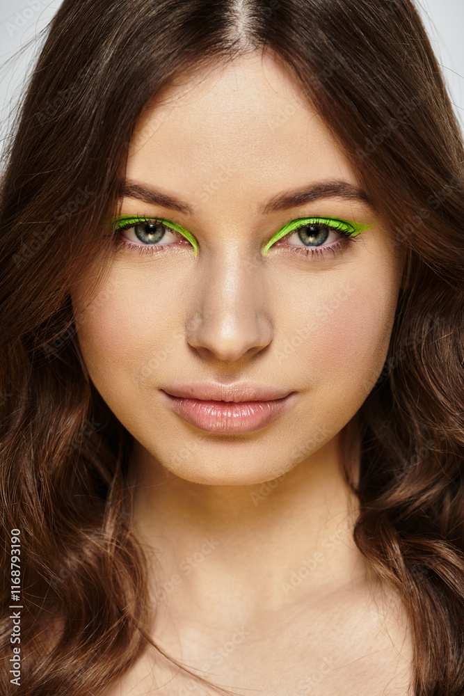 Young woman showcases bold beauty with striking green eyeshadow against a grey backdrop. Young woman showcases bold beauty with striking green eyeshadow against a grey backdrop.