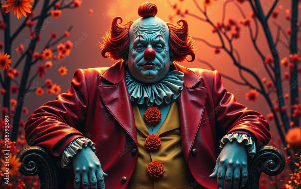 Obraz premium Creepy clown sitting in a red suit with orange flowers in the background