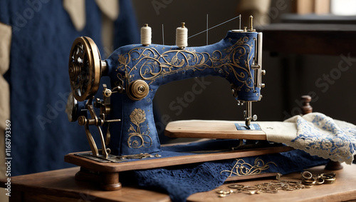 A stylized, blue sewing machine with gold accents sits on a table, displayed among other generated images. It's labelled as 