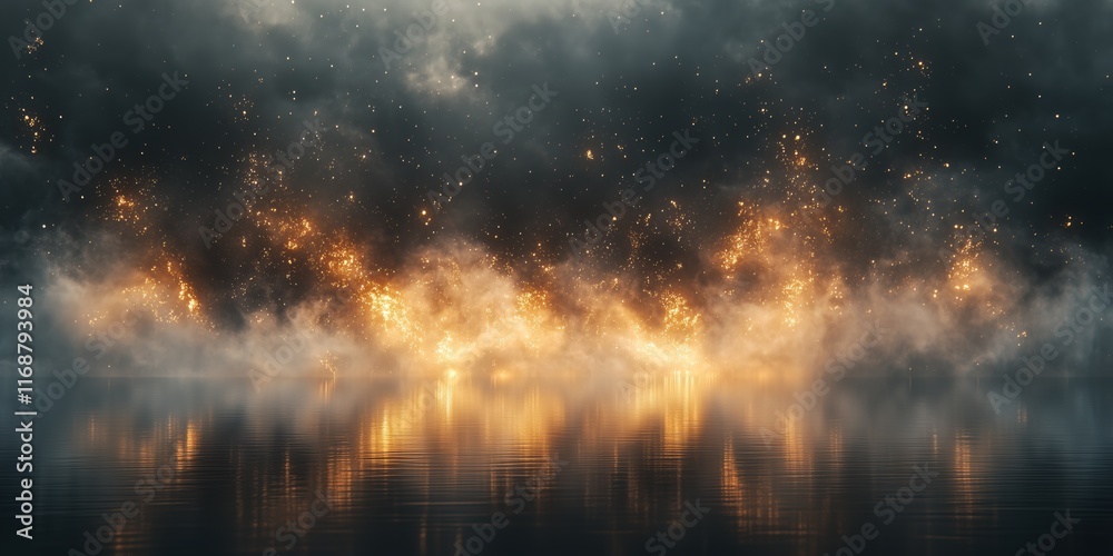 Naklejka premium Dramatic night scene with fiery reflections on calm water