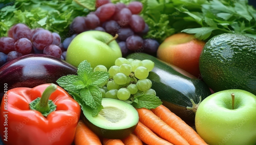 A Vibrant Display of Fresh Vegetables and Fruits Including Red Pepper, Green Apples, Avocados, Carrots, Grapes, and Mint Leaves Perfect for Healthy Lifestyle Promotion A Vibrant Display of Fresh Vegetables and Fruits Including Red Pepper, Green Apples, Avocados, Carrots, Grapes, and Mint Leaves Perfect for Healthy Lifestyle Promotion