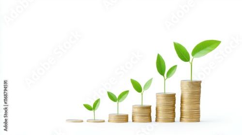 A series of gold coins stacked on top of each other with a green plant growing o
