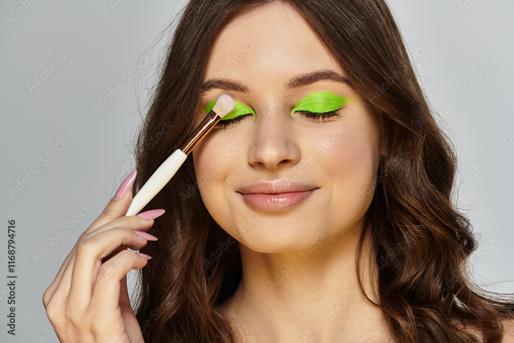 A young woman flaunts bold green eyeshadow, radiating confidence through her makeup. A young woman flaunts bold green eyeshadow, radiating confidence through her makeup.