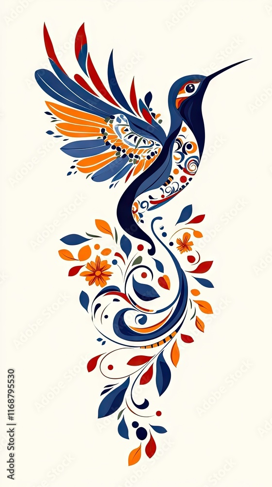 Obraz premium A vibrant, decorative illustration of a hummingbird surrounded by floral patterns.