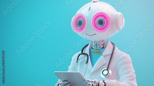 Futuristic AI Doctor with Advanced Robotic Features Holding a Digital Tablet in a Medical Setting, Generative AI photo