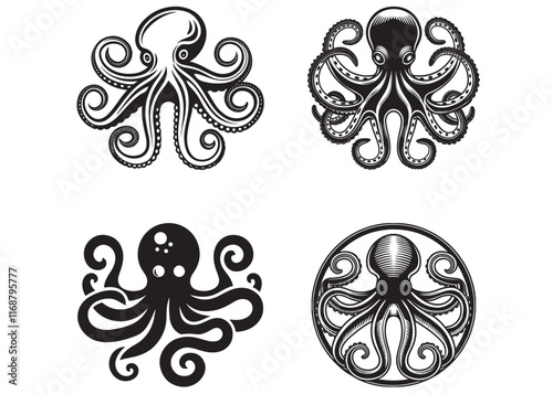 octopus logo design vector silhouette illustration, sea animal vector silhouette, octopus logo silhouette design, octopus vector silhouette logo icon, Isolated octopus on a white background, 