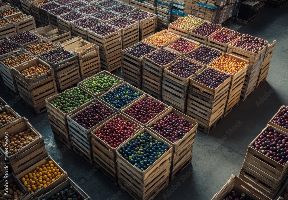 Aerial View of Wooden Crates Filled with Freshly Harvested Fruits in a Warehouse Setting, Showcasing a Colorful Abundance of Nature's Bounty and Sustainable Practices Aerial View of Wooden Crates Filled with Freshly Harvested Fruits in a Warehouse Setting, Showcasing a Colorful Abundance of Nature's Bounty and Sustainable Practices
