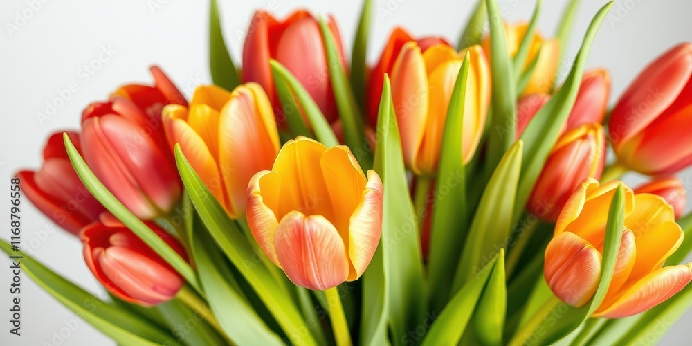 A vibrant bouquet of spring tulips, showcasing a mix of warm orange and reddish-orange blossoms, their petals delicately unfurling in a close-up view.