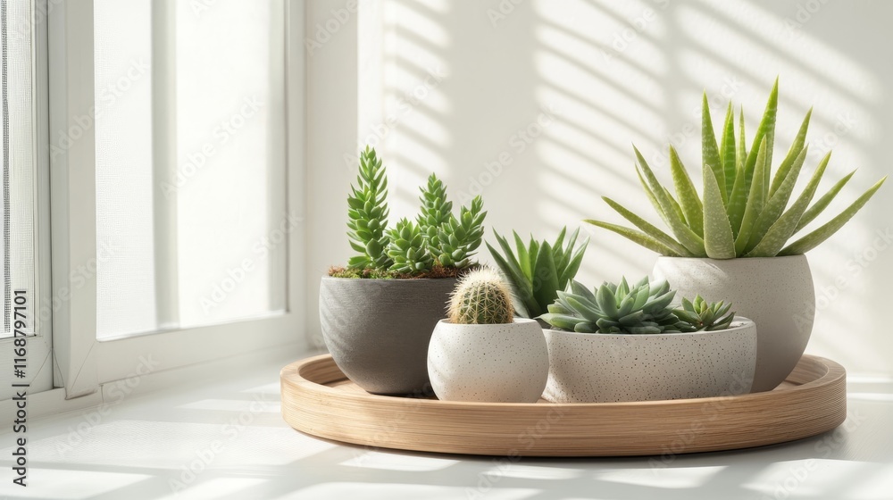 Serene Minimalist Indoor Garden with Succulents and Cacti in Contemporary Pots on Wooden Tray in Bright Space Serene Minimalist Indoor Garden with Succulents and Cacti in Contemporary Pots on Wooden Tray in Bright Space