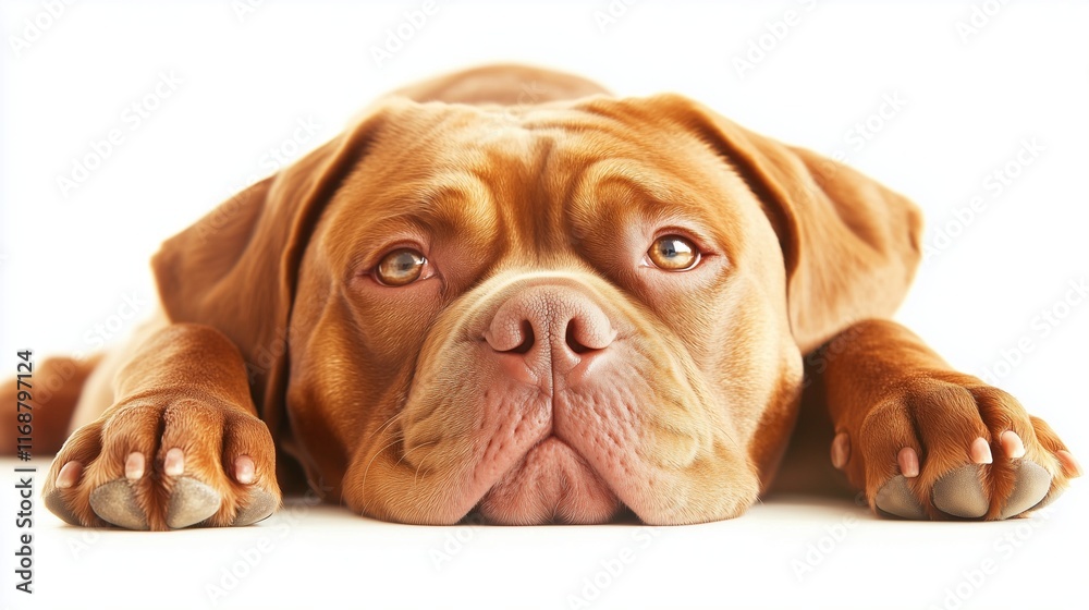 Close-up of Dogue de Bordeaux lying on white background. Close-up of Dogue de Bordeaux lying on white background.