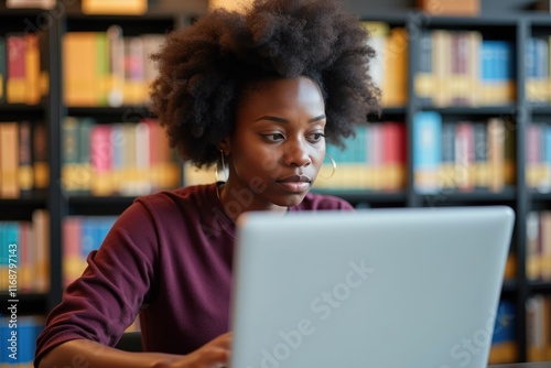 Focused young woman working on laptop in library setting, ideal for educational or professional themes.