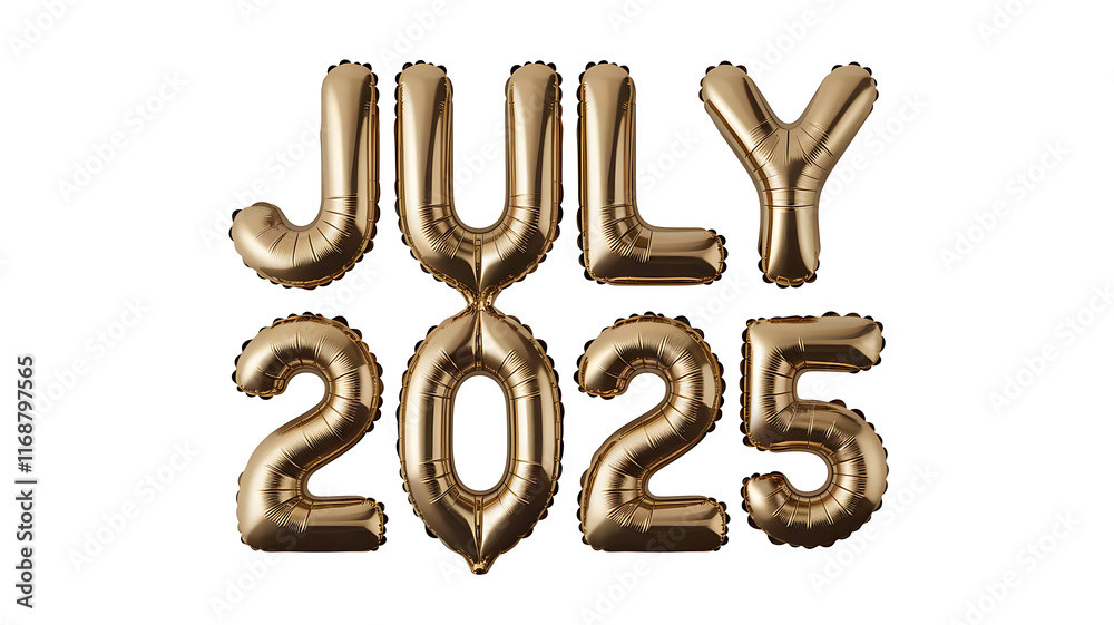 Fototapeta premium 3D Golden Text July 2025 Isolated on Transparent Background, July 2025 Golden Balloon Effect