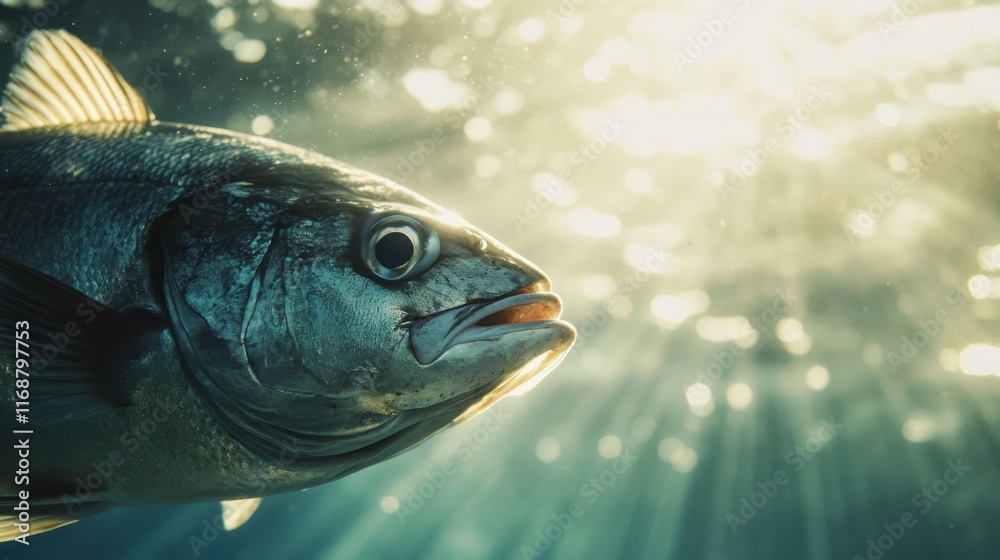 Fototapeta premium Close-Up of Fish with Gills and Fins in Sunlit Water
