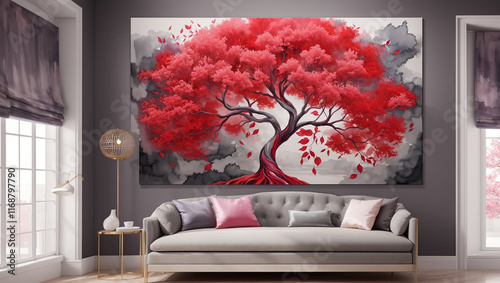 A painting of a vibrant red tree is displayed in a well-lit living room, above a light gray sofa. This artwork is one of several uploaded files within an image management dashboard on a website.