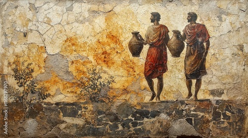 Set against a rustic wall, this mural illustrates two figures each holding a vase, encompassing themes of partnership and cultural tradition in ancient artistry. photo