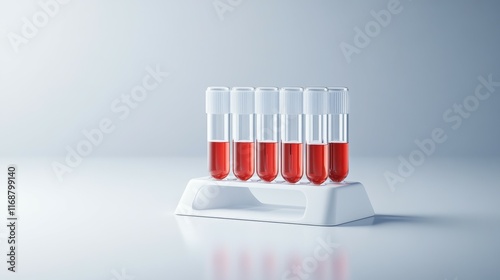 A row of five test tubes filled with red liquid