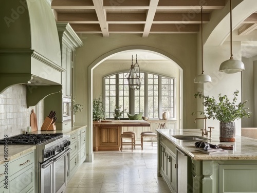 Elegant Green Kitchen With Archway And Wooden Beams photo