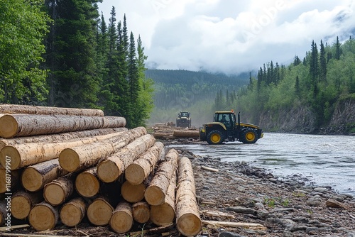 Log Transportation in a Mountain River: A Stunning View of Nature and Industry