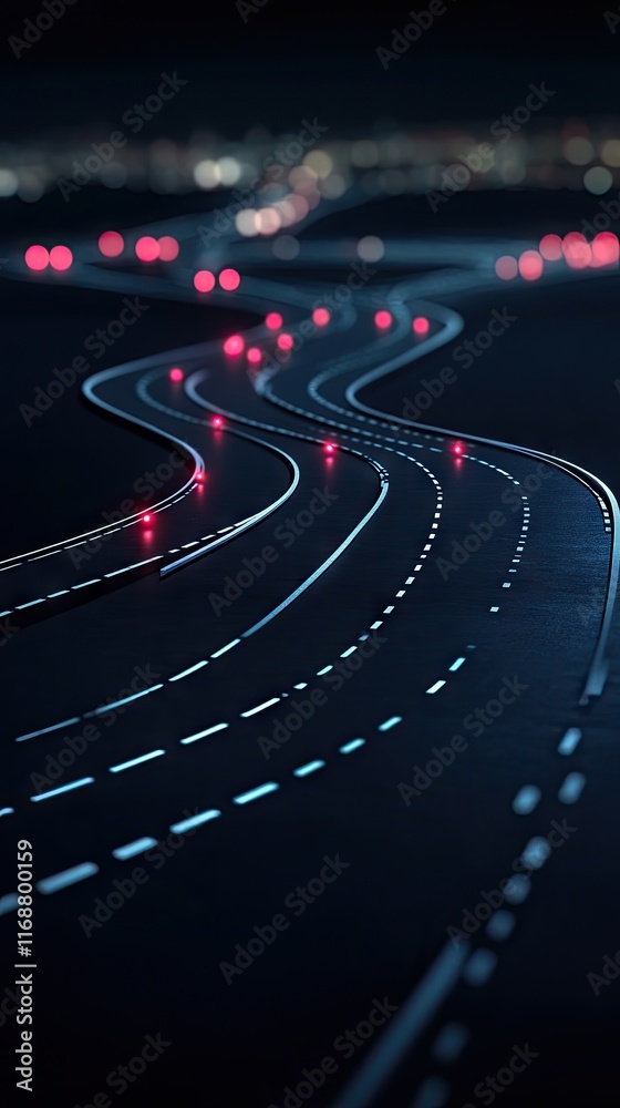 Fototapeta premium A winding road illuminated by lights at night, creating a dynamic visual path.