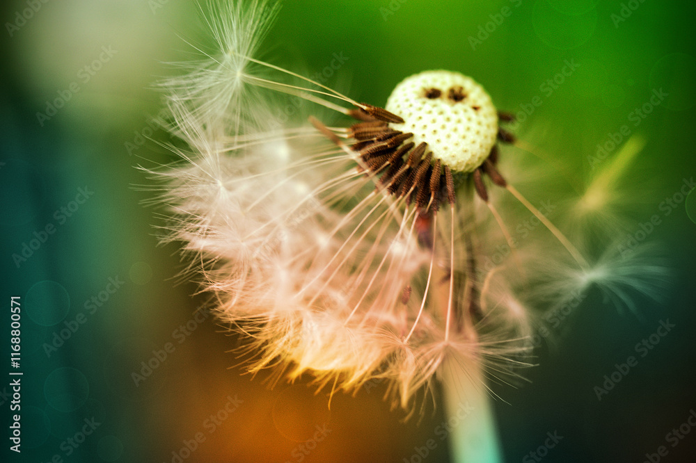 Fototapeta premium Dandelion at the meadow spring pollination seeds in green color