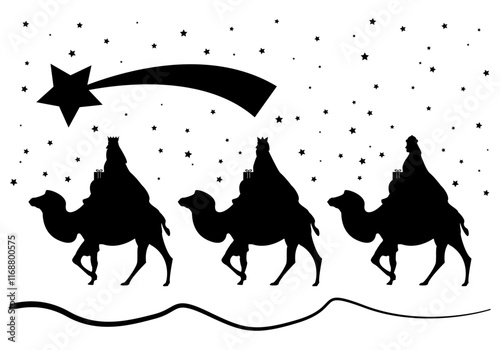 Silueta negra de los 3 Reyes Magos con regalos y montados en camellos siguiendo la estrella de Oriente. Festividad de Navidad de los 3 Reyes Magos