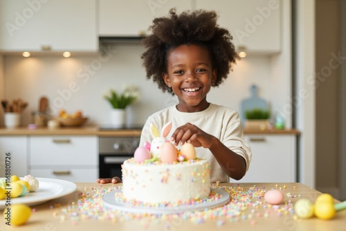 A joyful Black boy helps decorate an Easter cake in the kitchen. The room is vibrant with colorful sprinkles, flowers, and Easter-themed decor