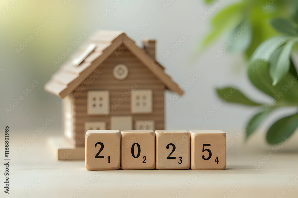 Wooden block with 2025 and goal business icon with miniature house background. Property investment, House mortgage, Real estste, Family concept Wooden block with 2025 and goal business icon with miniature house background. Property investment, House mortgage, Real estste, Family concept