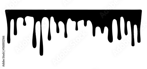 Dripping blood liquid, melt drips borders silhouette in black ink style. different dripping patterns for horror and spooky themes. Flowing liquid. Stencil drops. Chocolate drops. Oil drop