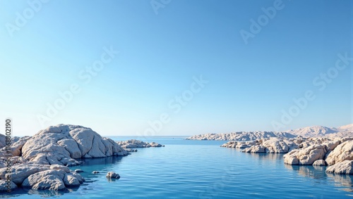 Calm turquoise water surrounding white rocks in pag island, croatia