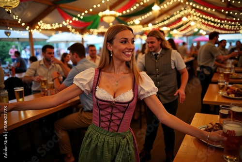 A Bavarian girl in a colorful dirndl dances with friends at a beer festival. The atmosphere is vibrant with music, colorful decorations, and large tables filled with food and drinks photo