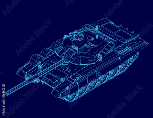 Blue drawing of a tank with a gun on top. The tank is a military vehicle