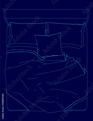 Bed with a blue comforter and pillows. The bed is shown in a blue drawing