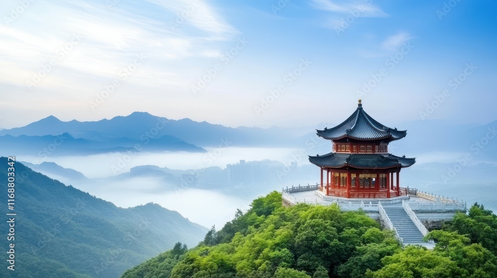 A red and white building sits on a hilltop in a misty, foggy atmosphere A red and white building sits on a hilltop in a misty, foggy atmosphere