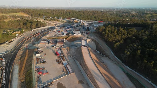 Aerial drone view of the M7-M12 Integration Project construction site at Cecil Hills in Western Sydney, NSW Australia in January 2025 photo