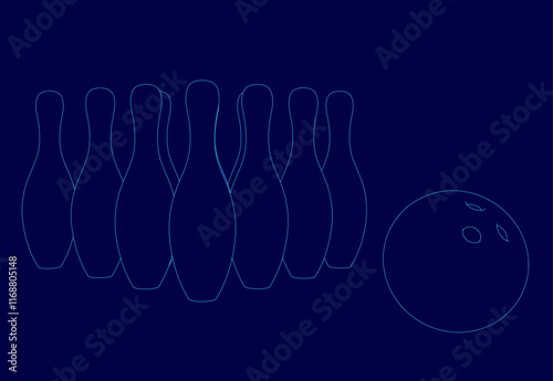 Blue background with a bowling ball and a set of bowling pins. The pins are all lined up in a straight line