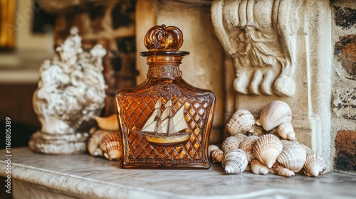 Amber glass decanter with sailboat image, seashells, and sculptures on mantel. photo