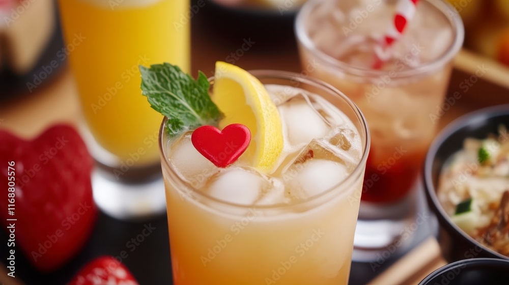 Refreshing Summer Cocktail with Lemon Mint and Heart Garnish Close up View Refreshing Summer Cocktail with Lemon Mint and Heart Garnish Close up View