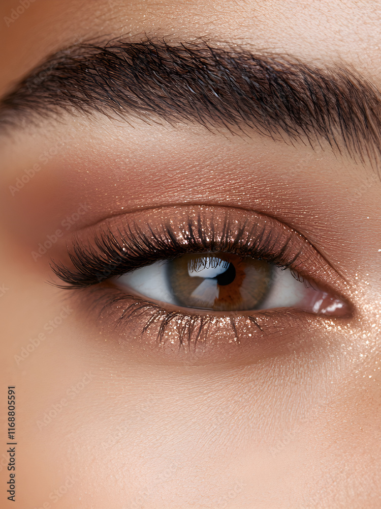 Obraz premium Beautiful african american woman eyes with classic volume eyelash extensions. Eyebrow correction. Macro female eyes glitter makeup. Natural beauty Cosmetology and skin care cosmetic concept.