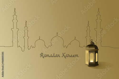 beautiful golden Ramadan Kareem greeting card with detailed mosque outlines and a glowing lantern symbolizing the holy month of Ramadan