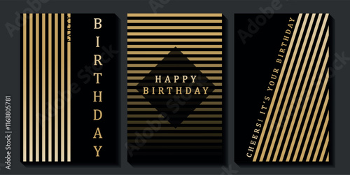 Set of luxury birthday cards on a black background. Modern gold and black design. Golden elegant geometric pattern, gold line on dark background. Premium design illustration for birthday party.