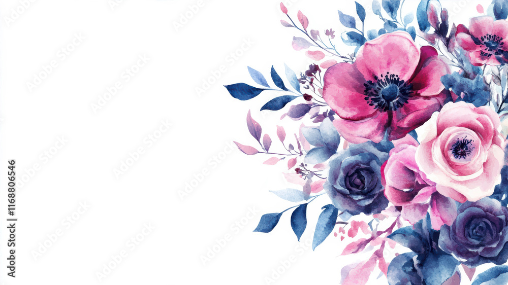 Fototapeta premium Beautiful Watercolor Floral Background Featuring Pastel Pink and Blue Flowers Against a White Canvas