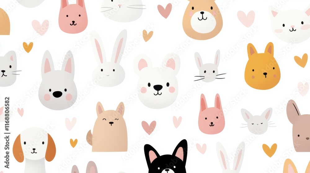 Obraz premium A collection of cartoon animal faces with hearts in the background