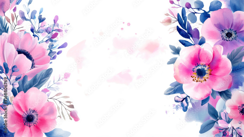 Fototapeta premium Beautiful Watercolor Floral Background With Pastel Pink Flowers and Lush Greens for Creative Projects
