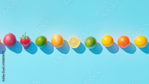 Colorful Arrangement of Fresh Fruits on Vibrant Blue Background Showcasing Strawberries, Limes, Lemons, Oranges, and More in a Beautiful Line of Natural Food