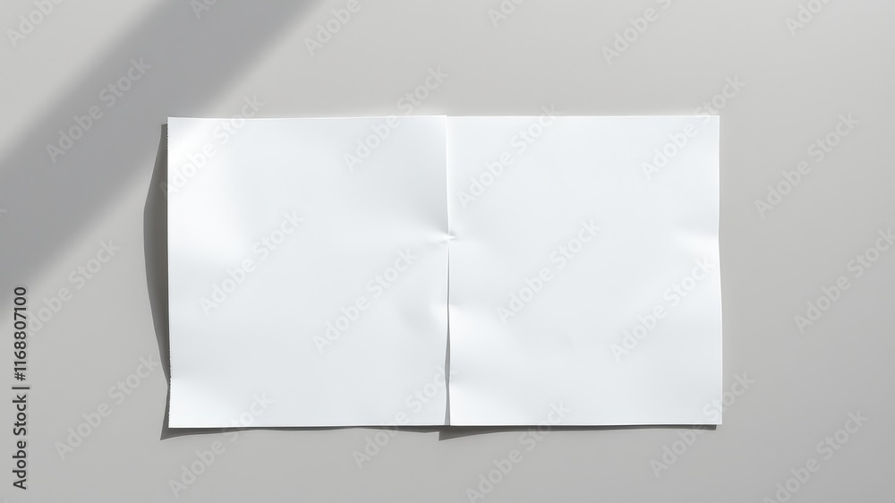 Blank paper mockup, subtly folded, casts a shadow on a neutral background, ideal for design presentations and branding showcases