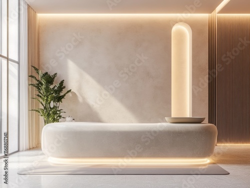 Modern Minimalist Reception Desk Design With Warm Lighting